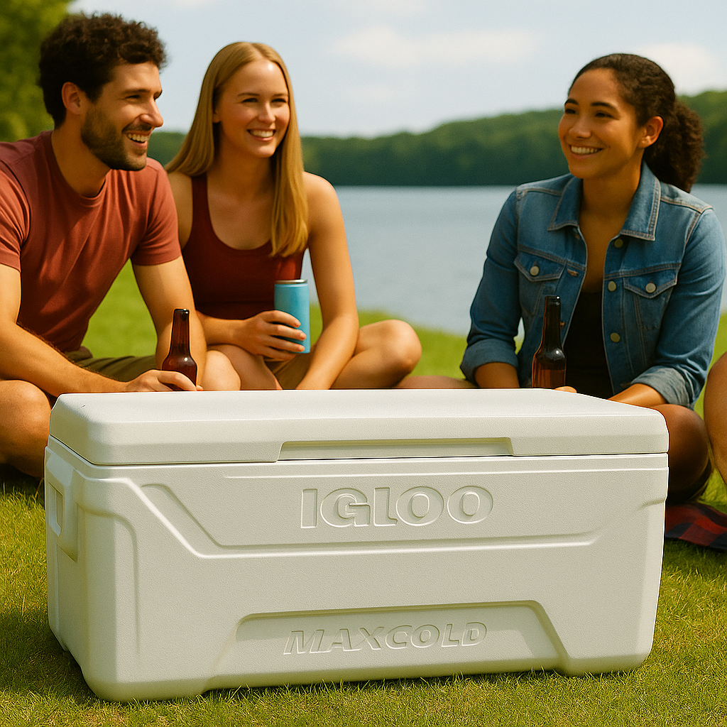 people sitting around large igloo cooler
