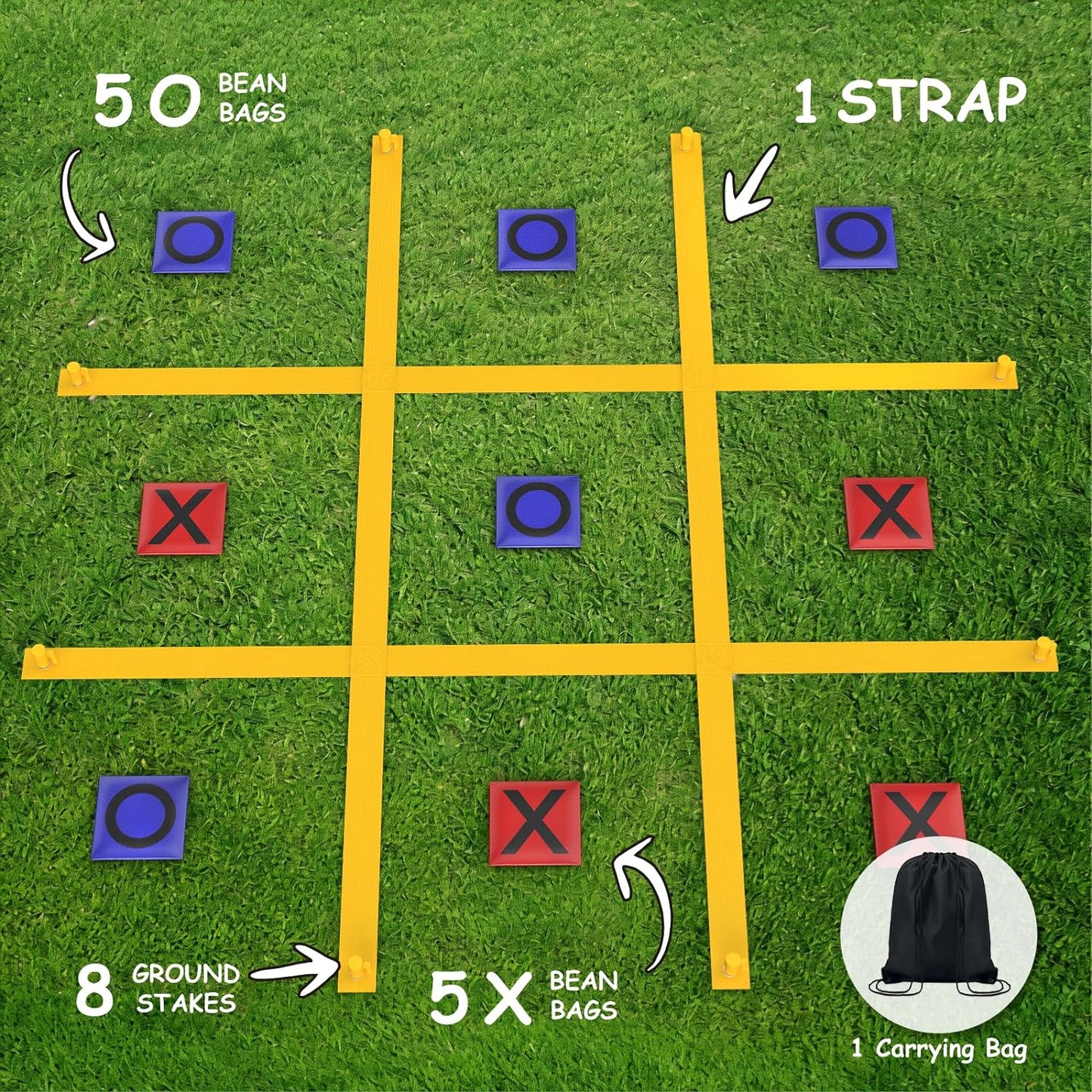 tic tac toe featuring strap, bean bags, and ground stakes