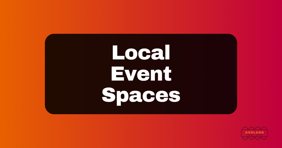 red and orange gradient background with black box overtop and text that reads local event spaces