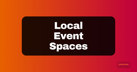 red and orange gradient background with black box overtop and text that reads local event spaces