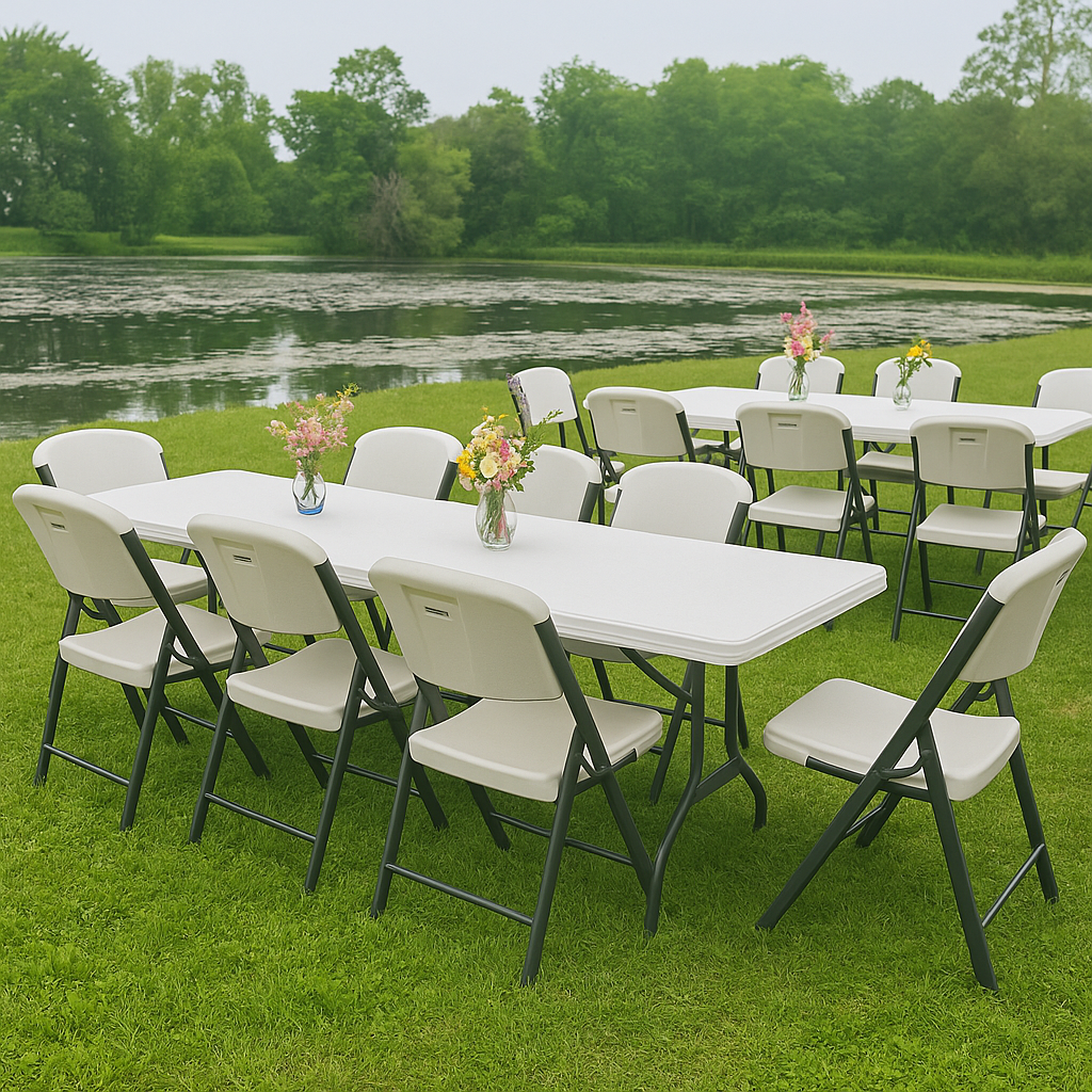 Outdoor setting with white tables and chairs arranged for an event by a lake.
