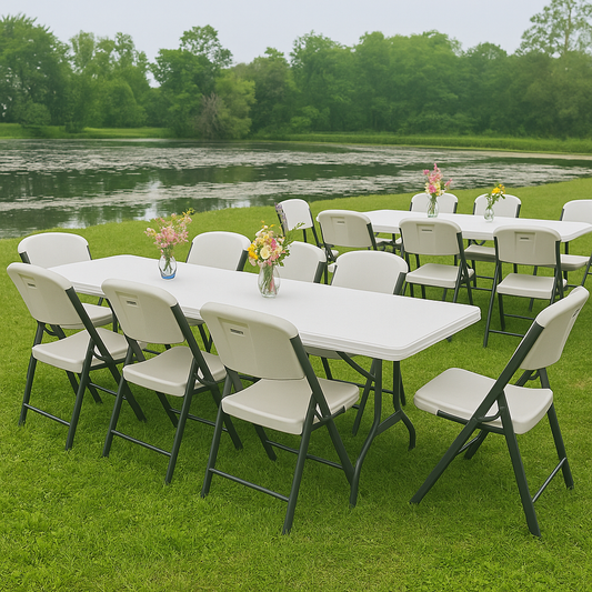 Outdoor setting with white tables and chairs arranged for an event by a lake.