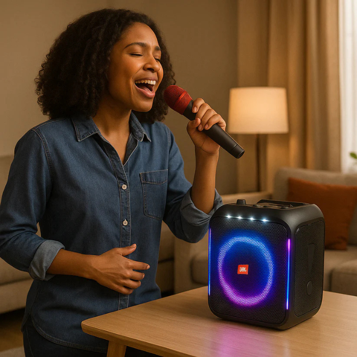 woman singing karaoke in JBL speaker