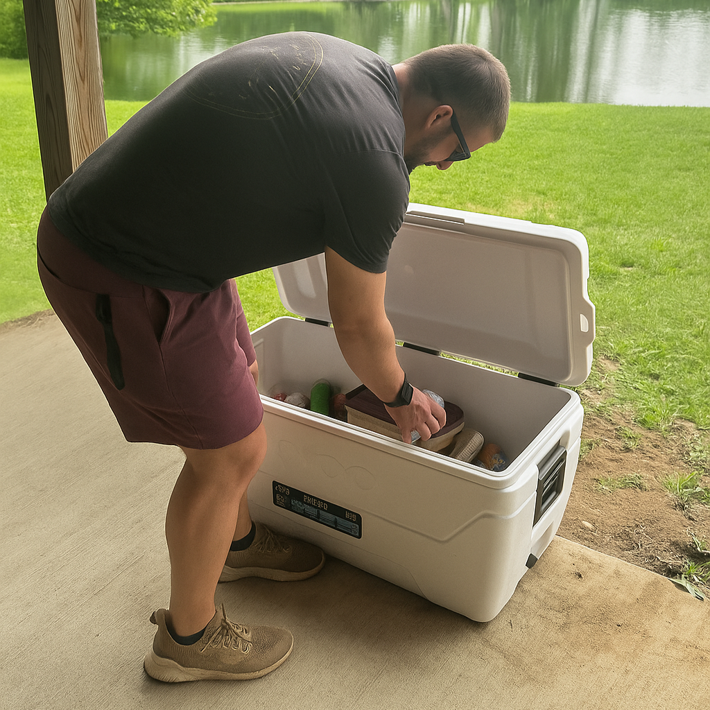 man grabbing drink out of cooler